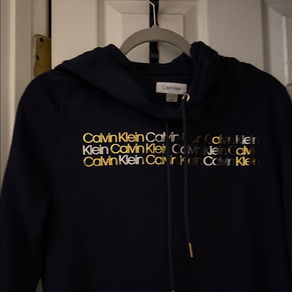 Calvin Klein Navy and Gold Women's Hoodie dress